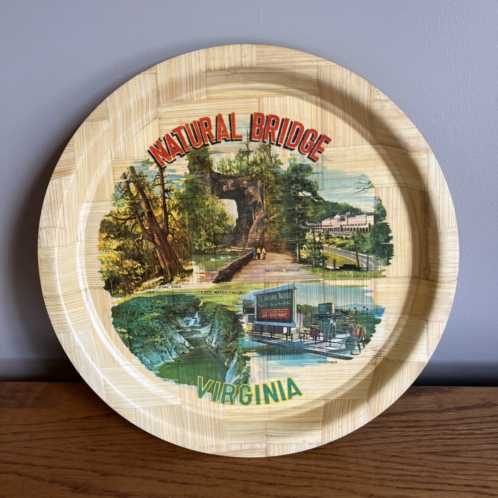 Vintage Bamboo Woven Serving Tray Souvenir Natural Bridge Virginia - 13"  Kitsch